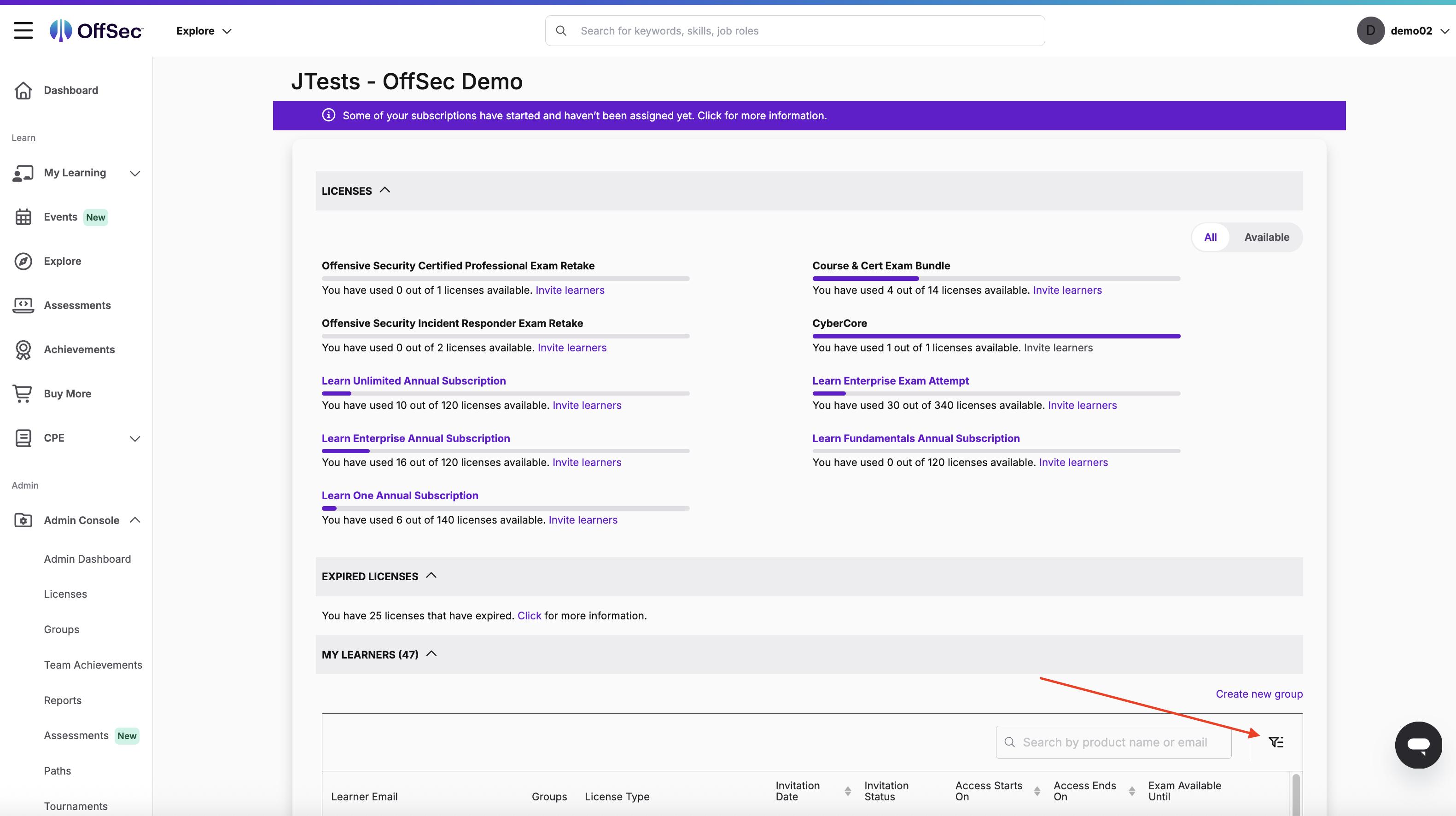 Filtering assigned licenses in My Learners section.png