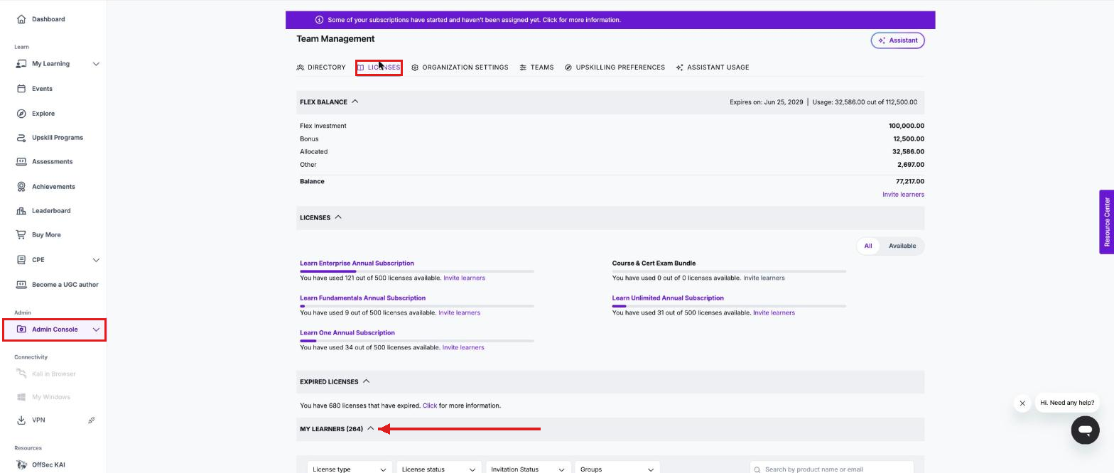Team Management Licenses tab