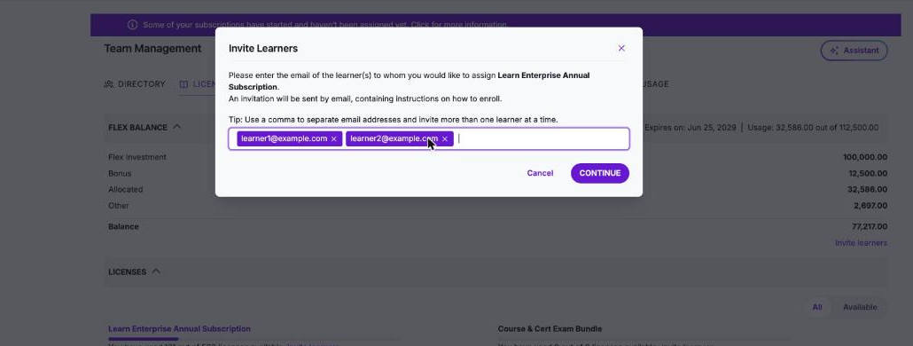 Invite learners dialog with several email addresses