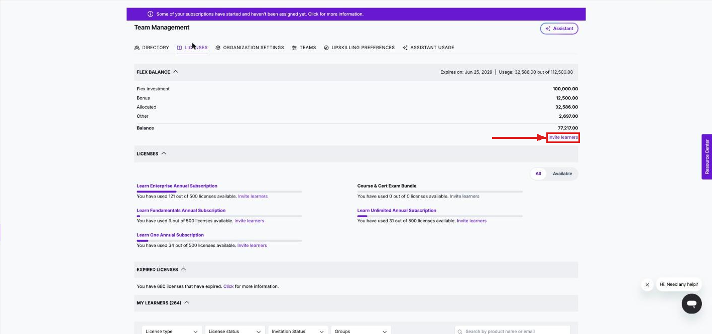 Invite learners link in the Flex balance section
