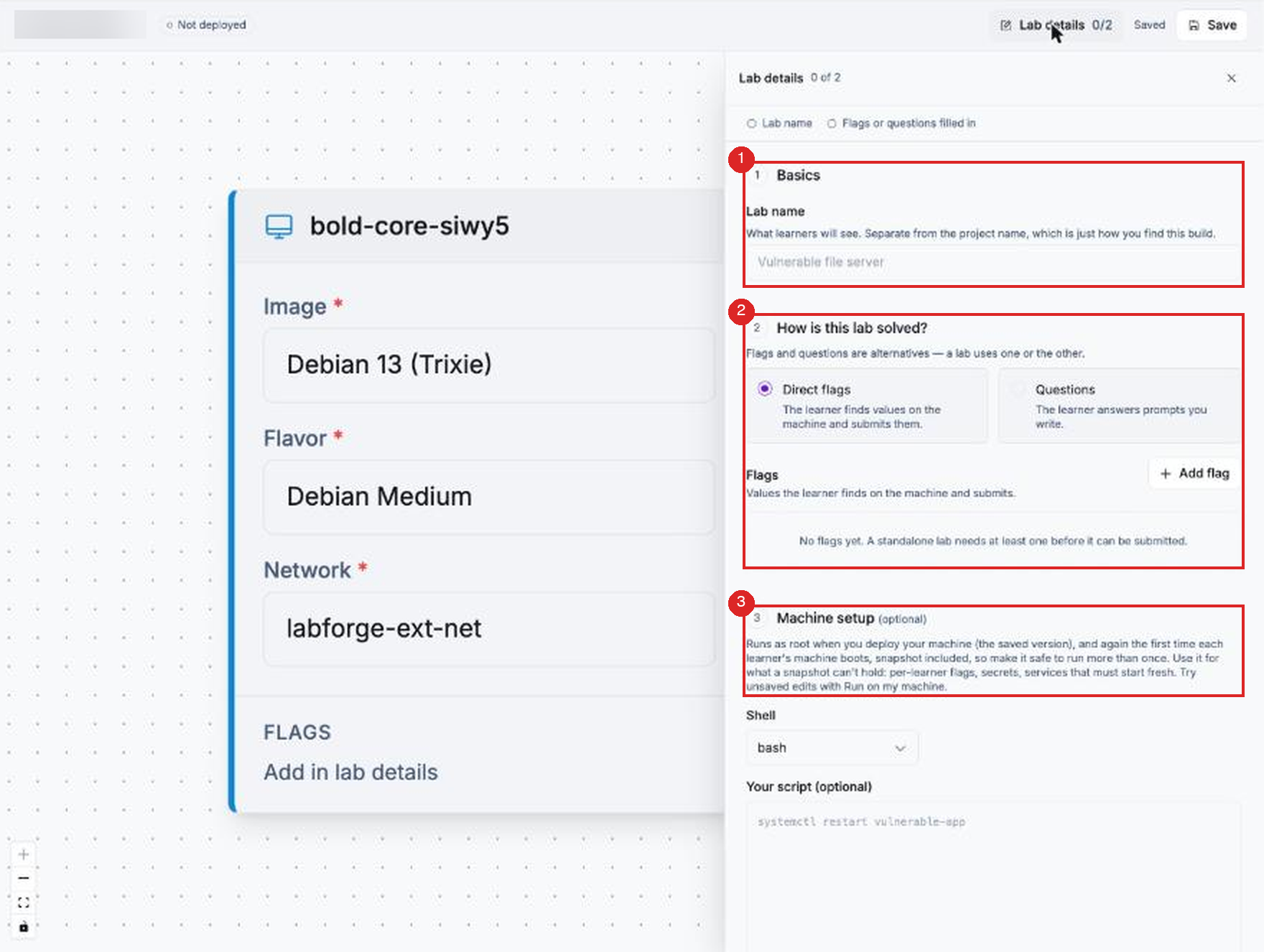 The Lab details panel in Lab Builder, showing the Basics, How is this lab solved? and Machine setup sections.