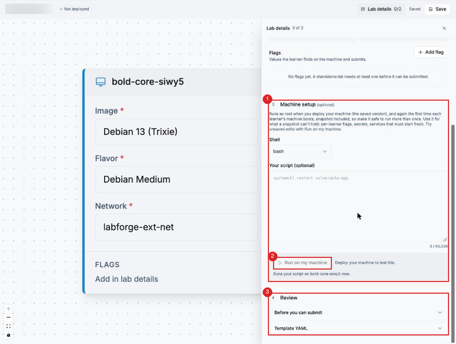 The lower part of the Lab details panel in Lab Builder, showing the Machine setup section with the Run on my machine button, and the Review section.